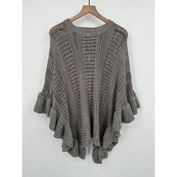American Boutique Sweaters - American Boutique OS Knitted Poncho Sweater Gray Ruffle Boxy Stretchy